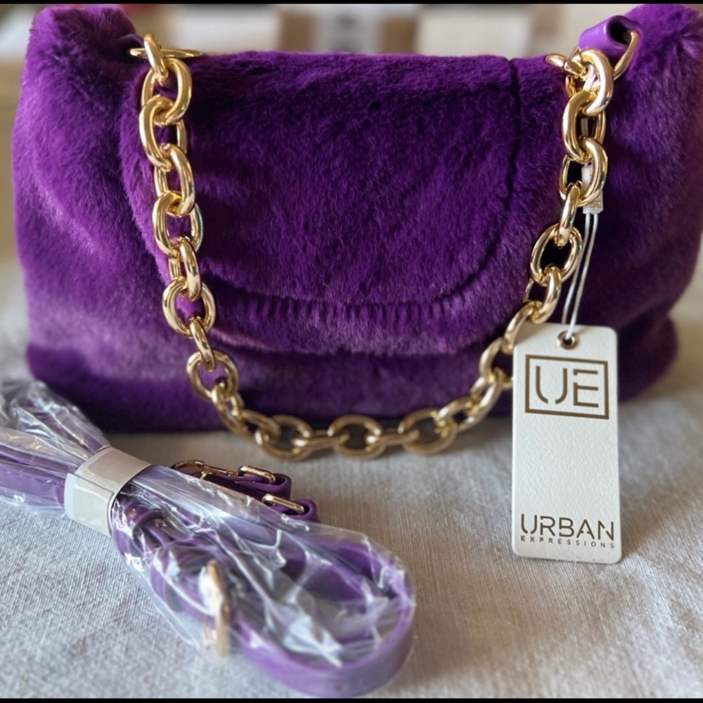Urban Expressions Prudence Purple Chain faux fur Shoulder Bag tags removed